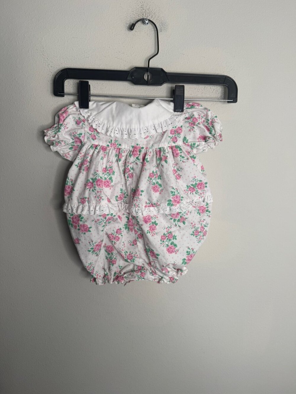 Vintage 90s Baby Girl Floral Romper White Pink Roses Lace Collar 3-6 Months 6M
